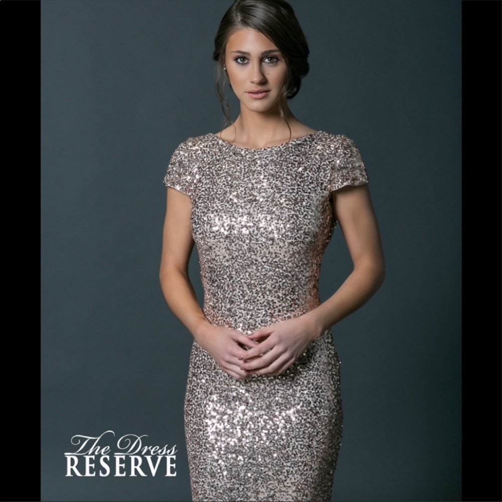 Badgley Mischka Rose Gold Sequin Cowl Back Gown 14